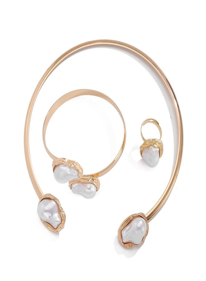 BSOKEIXD 3 Pcs Metal Big Pearl Open Choker Necklace Bracelet Rings for Women Adjustable Gold Baroque Pearl Choker Necklaces Round Necklace Suitable for Party ummer Beach Bead Body Chain Jewelry - Image 1